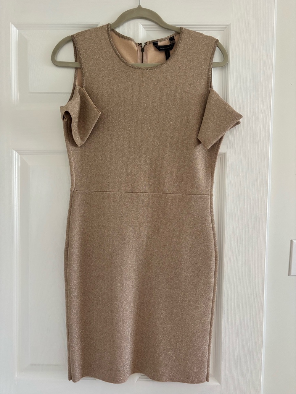 BCBGMaxAzria Metallic Taupe Cold-Shoulder Body Con dress